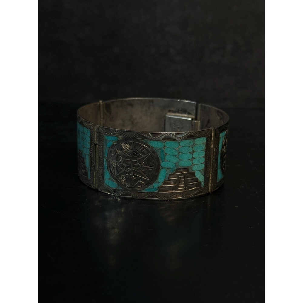 Vintage Taxco JHT Platao 925 Sterling Turquoise Mosaic Bracelet 6.75"